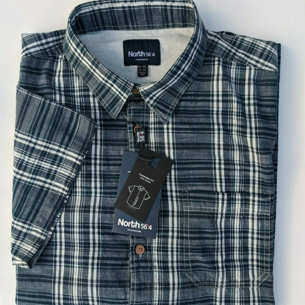 Big & Tall NORTH 56º4 Sz 3XL Sort Sleeve Navy Blue Plaid Mens' Shirt RET $89.50